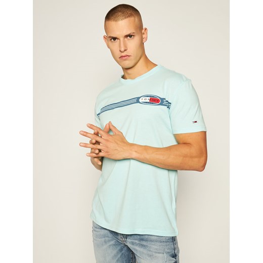 T-shirt męski niebieski Tommy Jeans w stylu młodzieżowym z napisami 