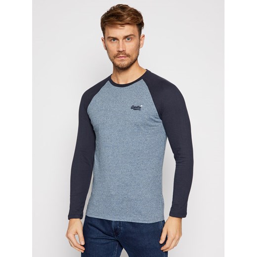 Niebieski t-shirt męski Superdry bez wzorów z długim rękawem 