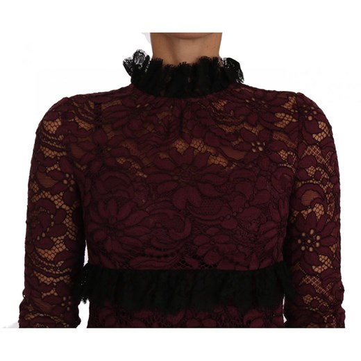 Floral Lace Burgundy Gown Mock Collar Dress Dolce & Gabbana 3XS - 36 IT promocja showroom.pl
