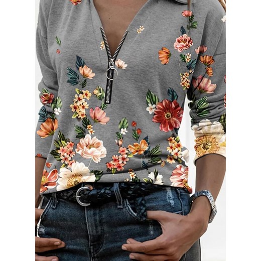 Bluzka damska Sandbella z bawełny z długimi rękawami w kwiaty z kołnierzykiem 