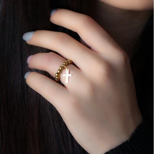 Złoty pierścionek elastyczny hematyt złoty z ozdobnym krzyżykiem- srebro 925 pozłacane 13(16,8mm) - 16(17,8mm) coccola.pl