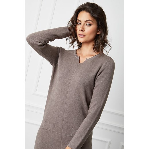 Sukienka Joséfine z długimi rękawami prosta szara w serek mini dzienna 