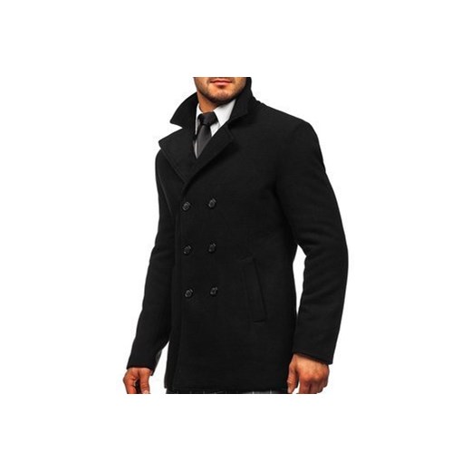 Czarny płaszcz dwurzędowy męski zimowy z wysokim kołnierzem Denley 8078 M okazyjna cena Denley