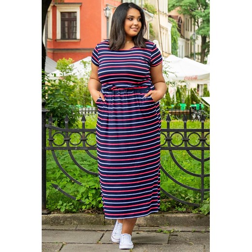 Sukienka long dzianinowa z kieszeniami PLUS SIZE IWONA w paski granat-ecru-neon róż PROMOCJA Plus Size promocja karko.pl