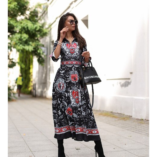 Sukienka midi w chińskie wzorki czarna z czerwonym  Jill 62 Hollywood Dream S hollywooddream.pl