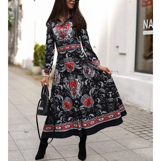Sukienka midi w chińskie wzorki czarna z czerwonym  Jill 62 Hollywood Dream S hollywooddream.pl