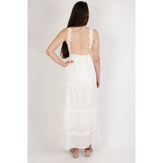 Długa biała sukienka z ażurowymi wstawkami i wiązaniem przy dekolcie Olika L/XL olika.com.pl