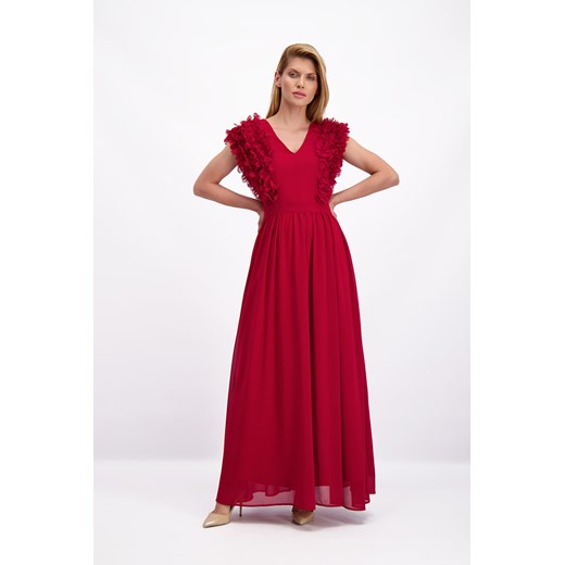 Sukienka czerwona Lavard karnawałowa z dekoltem v maxi z tkaniny 