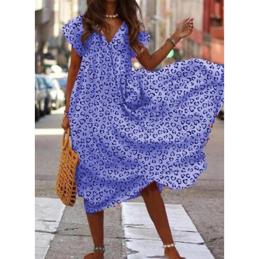 Sukienka Sandbella z dekoltem w serek midi z długimi rękawami niebieska na spacer 