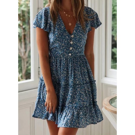 Sukienka Sandbella mini boho w kwiaty w serek z krótkim rękawem