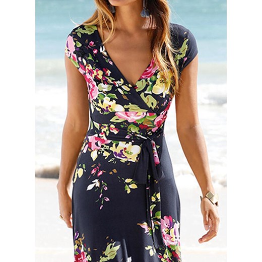 Sukienka Sandbella midi z krótkim rękawem na spacer w serek w kwiaty 