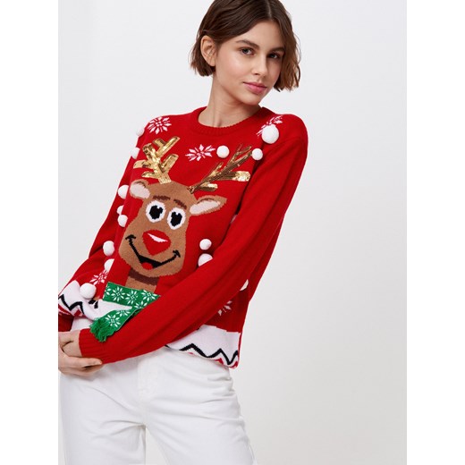 Cropp - Sweter ze świąteczną aplikacją - Czerwony Cropp L Cropp