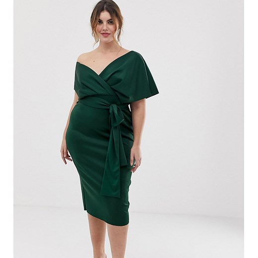 ASOS DESIGN Curve – Ołówkowa sukienka midi z wiązaniem i opadającymi ramionami w kolorze butelkowej zieleni-Zielony 56 Asos Poland