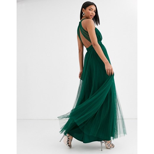 ASOS DESIGN – Zielona tiulowa sukienka maxi z kopertowym przodem i dekoltem halter-Wielokolorowy 42 Asos Poland