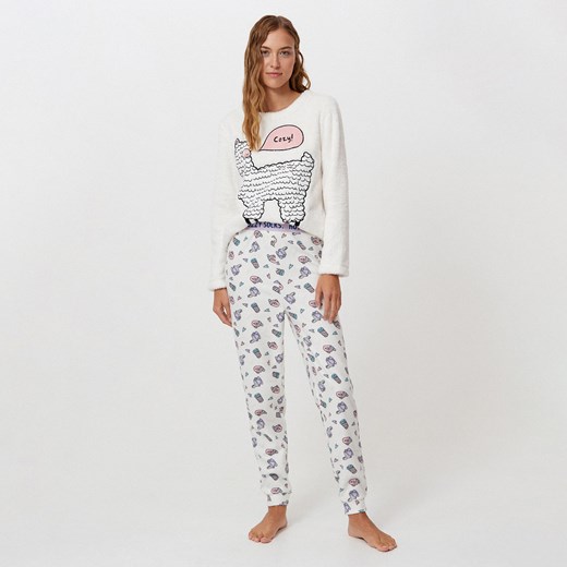 Cropp - Dwuczęściowa piżama z nadrukiem - Kremowy Cropp M Cropp