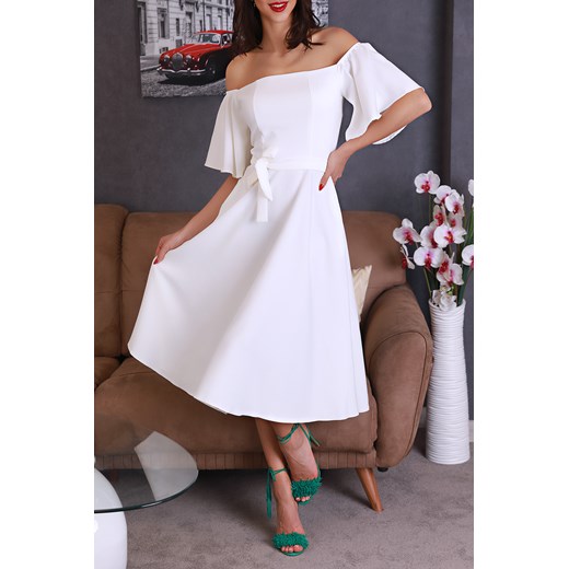 Sukienka biała IVET z dekoltem typu hiszpanka na urodziny 