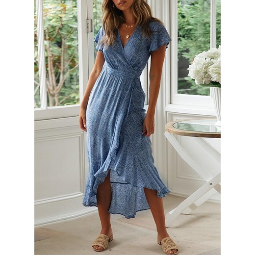 Sukienka Sandbella midi z krótkimi rękawami niebieska dzienna kopertowa 