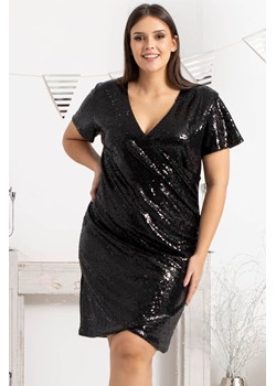 Sukienka na sylwestra cekinowa kopertowa ołówkowa GLORIA drapowanie talii czarna ze sklepu karko.pl w kategorii Sukienki - zdjęcie 100817247