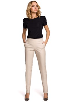 M144 Eleganckie spodnie rurki z eko-skóry - beżowe ze sklepu Świat Bielizny w kategorii Spodnie damskie - zdjęcie 108156879