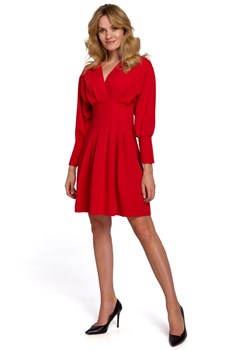 K087 Sukienka z rozkloszowanymi zakładkami - czerwona ze sklepu Świat Bielizny w kategorii Sukienki - zdjęcie 108894186