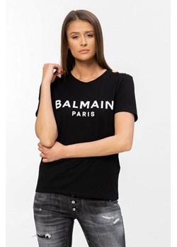 BALMAIN - czarny t-shirt z białym logo i złotymi guzikami ze sklepu outfit.pl w kategorii Bluzki damskie - zdjęcie 114224419