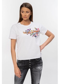 MOSCHINO SWIM - biały t-shirt  z logo i kwiatami ze sklepu outfit.pl w kategorii Bluzki damskie - zdjęcie 114558487