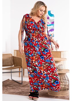 Sukienka boho letnia marszczona z wiskozy FILOMENA letnia w niebieskie kwiaty na czerwonym tle ze sklepu karko.pl w kategorii Sukienki - zdjęcie 114697365
