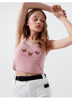 Cropp - Crop top z haftem - różowy ze sklepu Cropp w kategorii Bluzki damskie - zdjęcie 114862688