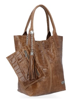 Włoskie Torebki Skórzane Shopper Bag renomowanej firmy Vittoria Gotti Ziemista (kolory) ze sklepu torbs.pl w kategorii Torby Shopper bag - zdjęcie 116169776