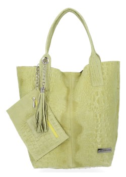 Vittoria Gotti Torebka Skórzana XL Shopper Bag w motyw zwierzęcy Limonkowa (kolory) ze sklepu PaniTorbalska w kategorii Torby Shopper bag - zdjęcie 116650675