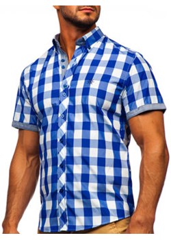 Koszula męska w kratę z krótkim rękawem chabrowa Bolf 6522 ze sklepu Denley w kategorii Koszule męskie - zdjęcie 118373335