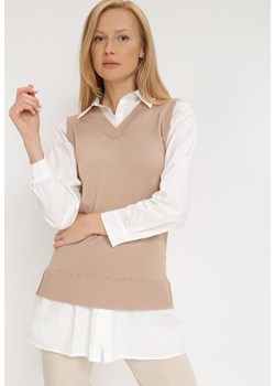 Biało-Beżowa Koszula Z Kamizelką Hiqinn ze sklepu Born2be Odzież w kategorii Komplety i garnitury damskie - zdjęcie 119498165