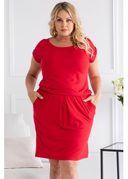 Sukienka czerwona z krótkimi rękawami z okrągłym dekoltem mini dresowa prosta 