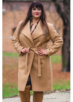 Płaszcz flauszowy trencz na podszewce KLARA z paskiem karmelowy ze sklepu karko.pl w kategorii Płaszcze damskie - zdjęcie 120827195