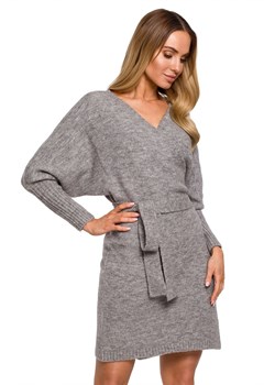 M631 Sukienka swetrowa kopertowa z wiązaniem - szara ze sklepu Świat Bielizny w kategorii Sukienki - zdjęcie 122352226