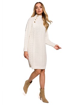 M635 Swetrowa sukienka z golfem i guzikami - beżowa ze sklepu Świat Bielizny w kategorii Sukienki - zdjęcie 122352269