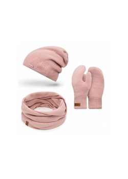 Różowy zestaw zimowy czapka komin rękawiczki
