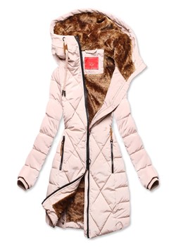 Beżowa zimowa ciepła pikowana w romby długa kurtka płaszczyk 21003 ze sklepu dramond.pl w kategorii Kurtki damskie - zdjęcie 125486298