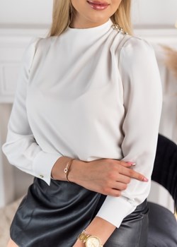 Bluzka damska Fason elegancka biała z okrągłym dekoltem z długim rękawem z elastanu 