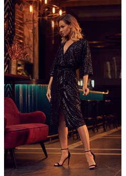 M653 Sukienka midi z cekinami i wiązaniem - czarna ze sklepu Świat Bielizny w kategorii Sukienki - zdjęcie 128722627