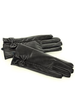 Rękawiczki damskie z eko skóry z kokardką - czarne ze sklepu Verostilo w kategorii Rękawiczki damskie - zdjęcie 129533468