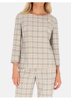 Beżowa bluzka w kratę z broszką Potis & Verso Gretta ze sklepu Eye For Fashion w kategorii Bluzki damskie - zdjęcie 132559576