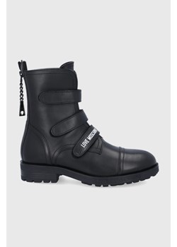 Love Moschino Botki skórzane damskie kolor czarny na płaskim obcasie ze sklepu ANSWEAR.com w kategorii Workery damskie - zdjęcie 135016599