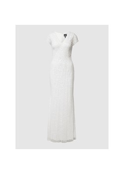Biała sukienka Adrianna Papell maxi dopasowana z krótkim rękawem z aplikacjami  z dekoltem v 