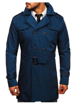 Jasnoniebieski dwurzędowy płaszcz męski prochowiec z wysokim kołnierzem i paskiem Denley 0001 ze sklepu Denley w kategorii Płaszcze męskie - zdjęcie 137170276