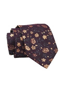 Krawat Śliwkowy w Beżowe Kwiatki, 7 cm, Elegancki, Klasyczny, Męski -ALTIES KRALTS0630 ze sklepu JegoSzafa.pl w kategorii Krawaty - zdjęcie 139676249