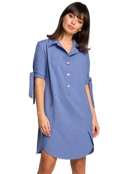 Sukienka z kołnierzykiem z dodatkiem lnu w kolorze niebieskim B112, Kolor niebieski, Rozmiar S, BE ze sklepu Primodo w kategorii Sukienki - zdjęcie 140690765