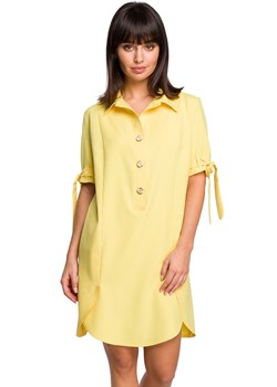 Sukienka z kołnierzykiem z dodatkiem lnu w kolorze żółtym B112, Kolor żółty, Rozmiar S, BE ze sklepu Primodo w kategorii Sukienki - zdjęcie 140690768
