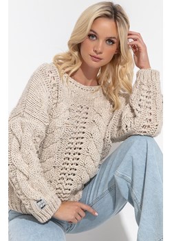 Beżowy ażurowy wełniany sweter o grubym splocie Chunky Knit F1318, Kolor beżowy, Rozmiar S/M, Fobya ze sklepu Primodo w kategorii Swetry damskie - zdjęcie 140695396