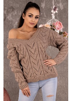 Ażurowy sweter damski z dekoltem V mocca Manesa, Kolor mocca, Rozmiar one size, Merribel ze sklepu Primodo w kategorii Swetry damskie - zdjęcie 140701777